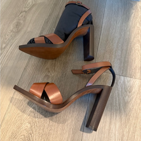 Saint Laurent Brown Leather and Wood Ankle Strap Heels. Size 36. New in Box. - Picture 7 of 8